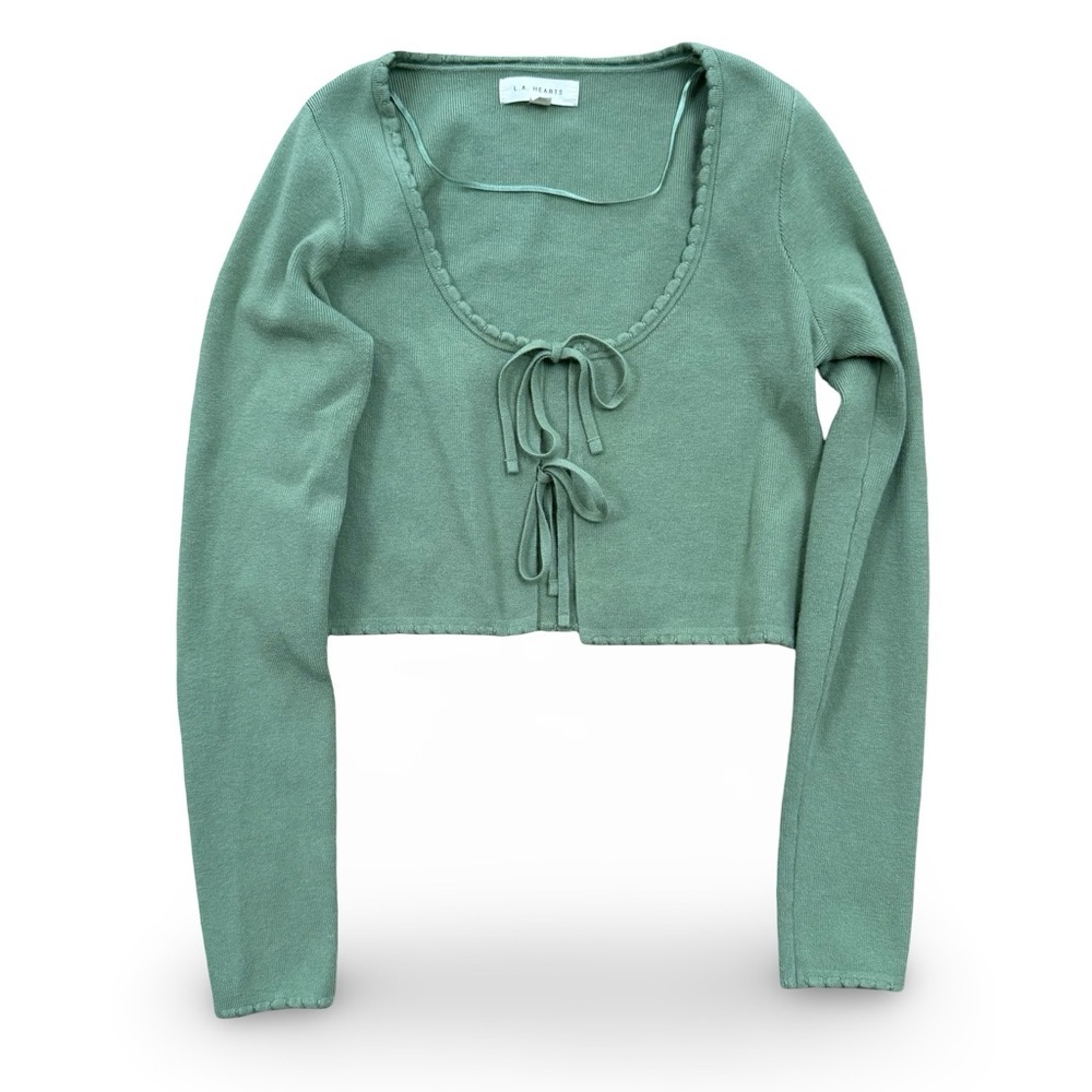 LA Hearts Sage Long Sleeve Knit Top w/Tie Front
